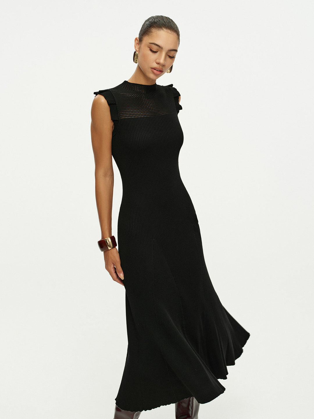 Pointelle Frill Armhole Knit Midi Dress