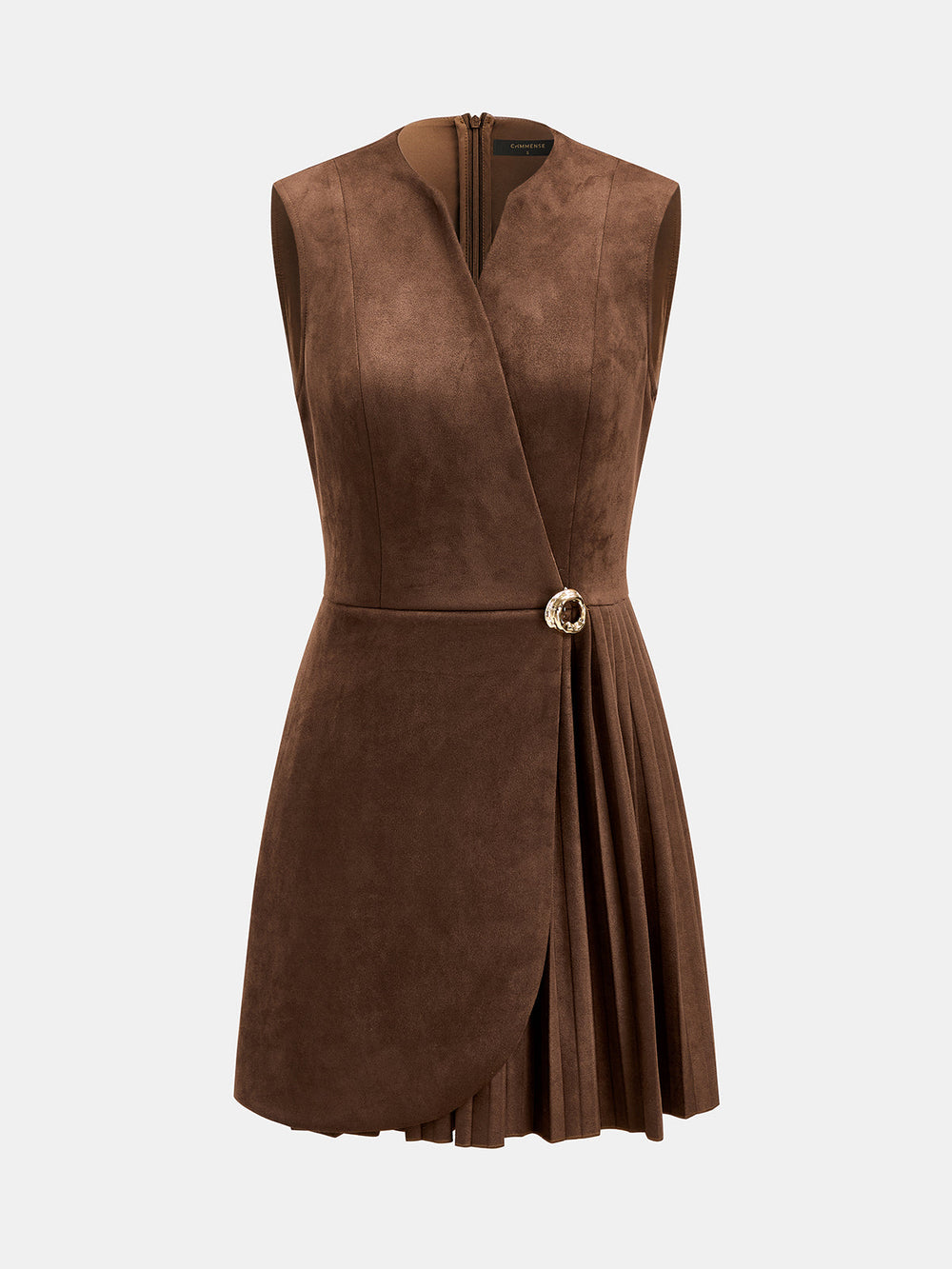 Suede Effect Wrap Sleeveless Pleated Mini Dress — women's dresses, back view