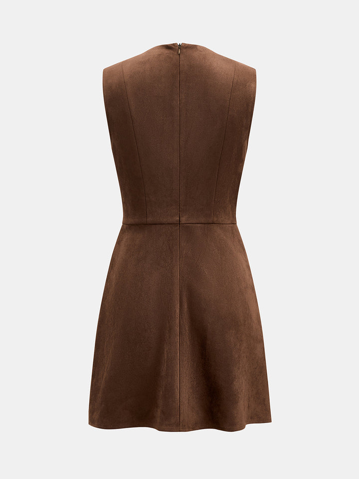 Suede Effect Wrap Sleeveless Pleated Mini Dress
