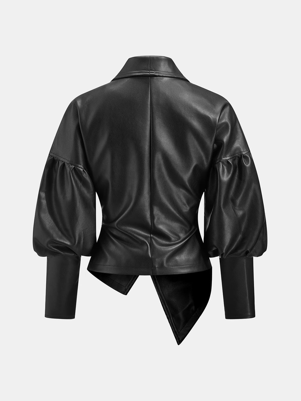 Back view of the black tailored leather jacket with balloon sleeves and sculpted waist seams