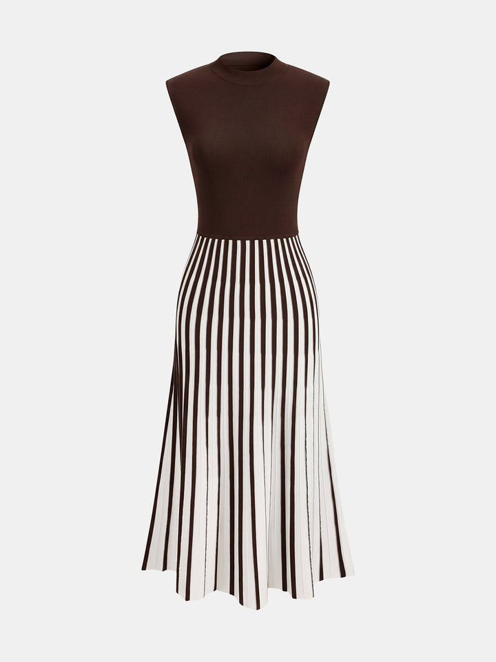 Sleeveless Mock Neck Striped Midi Dress - women's dress, fabric detail