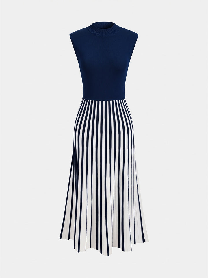 Sleeveless Mock Neck Striped Midi Dress - women's dress, neckline detail