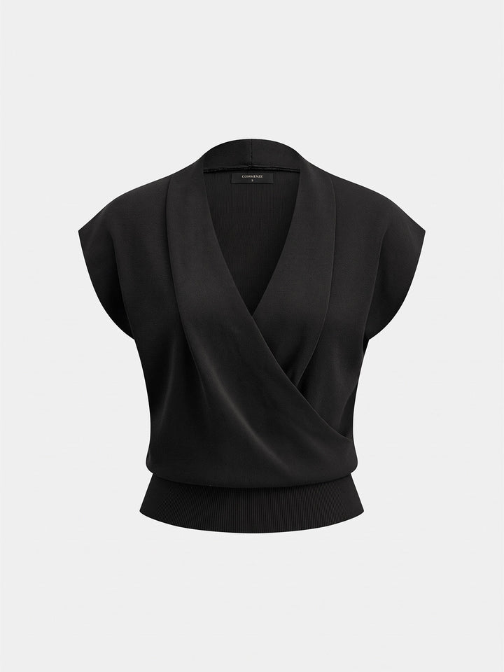 Wrap V Neck Sleeveless Knit Top - women's knit top, sleeve detail