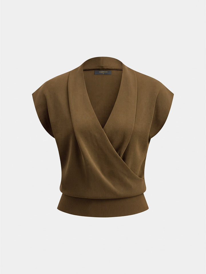 Wrap V Neck Sleeveless Knit Top - women's knit top, fabric detail
