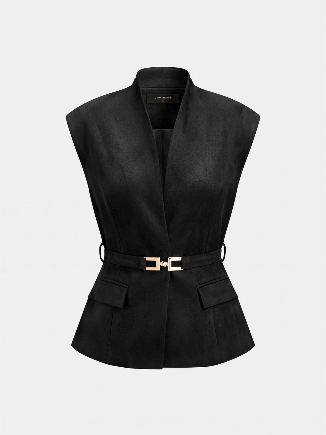 Black colourway of the suede effect stand collar belted vest, front flat lay