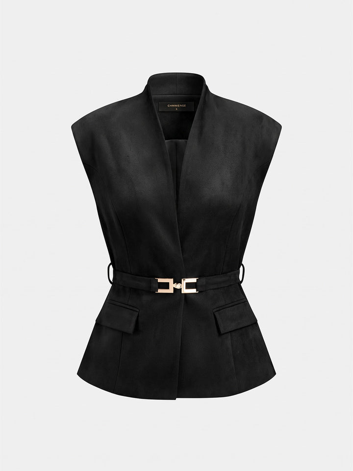 Black colourway of the suede effect stand collar belted vest, front flat lay