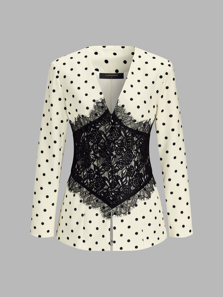 Polka‑Dot Lace Spliced Blazer