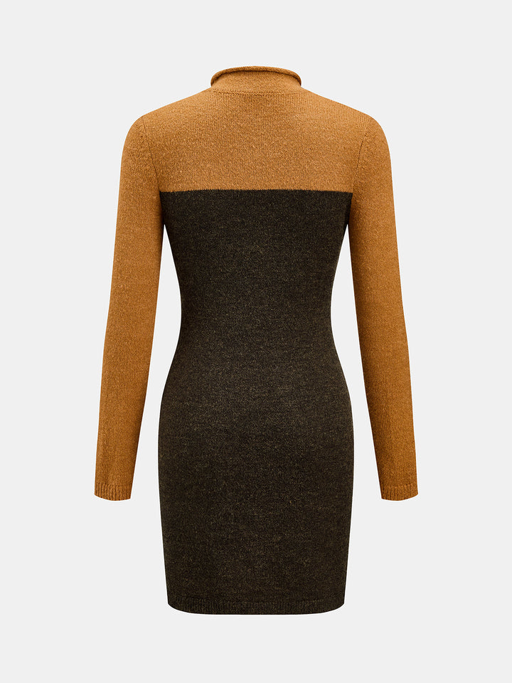 Color‑Block Turtleneck Wool Blend Knit Dress