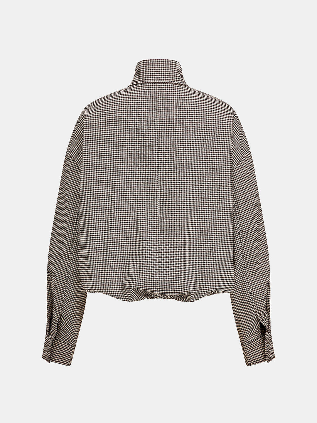 Back view of brown and cream checked cropped jacket with dropped shoulders