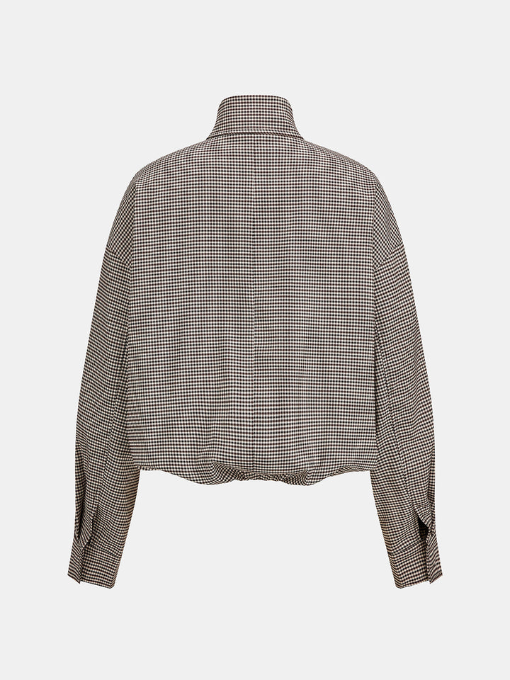 Back view of brown and cream checked cropped jacket with dropped shoulders