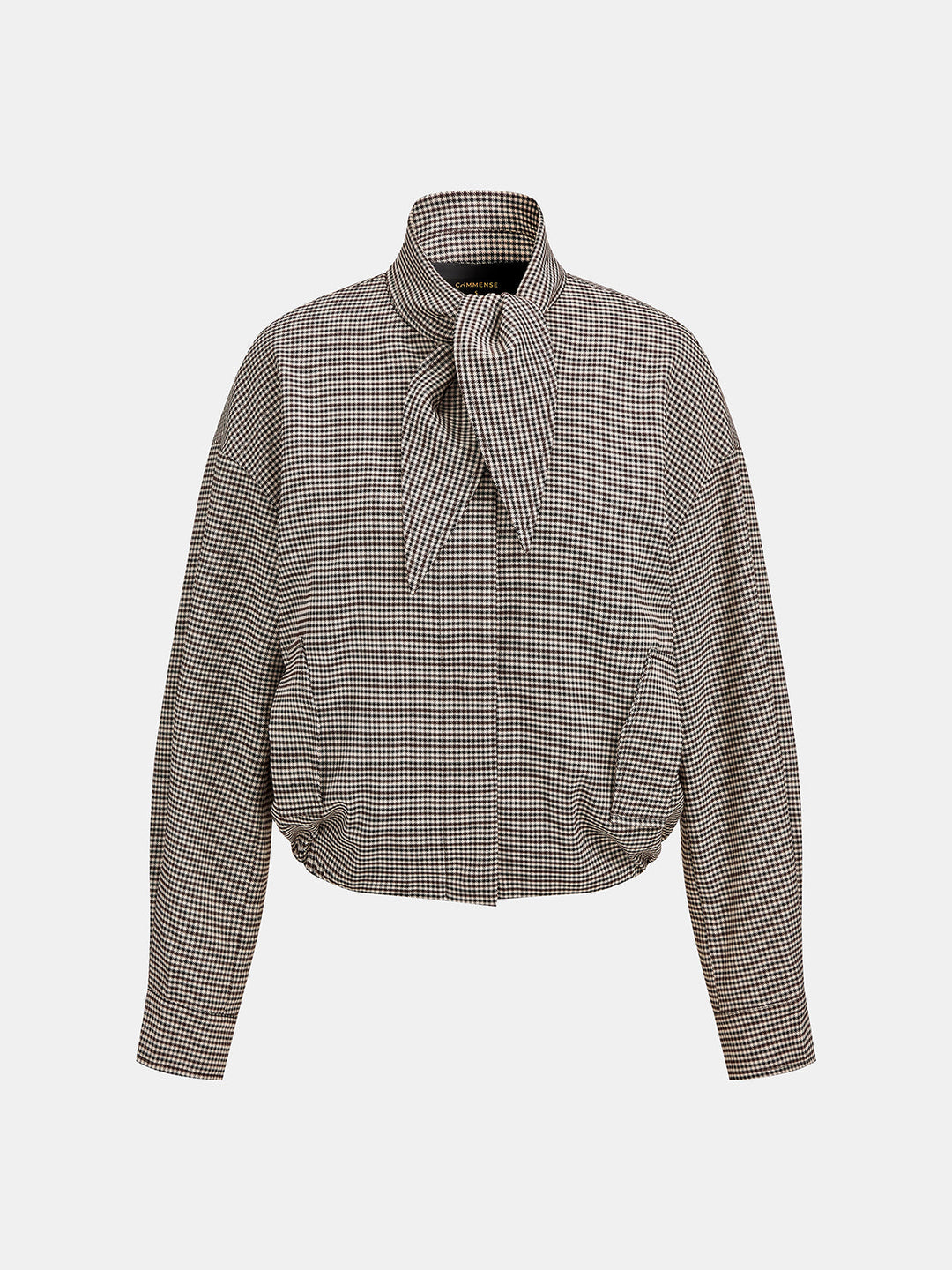 Front product shot of gingham check jacket with pussy bow tie collar and side pockets