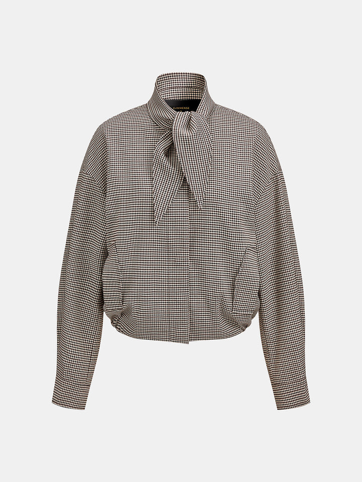 Front product shot of gingham check jacket with pussy bow tie collar and side pockets