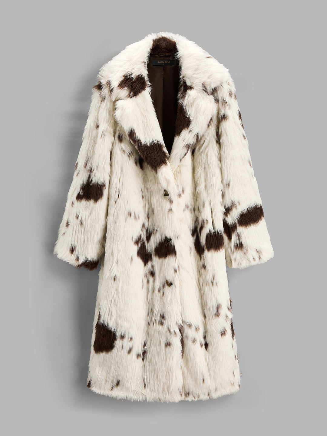 Cow‑Print Faux Fur Lapel Long Coat