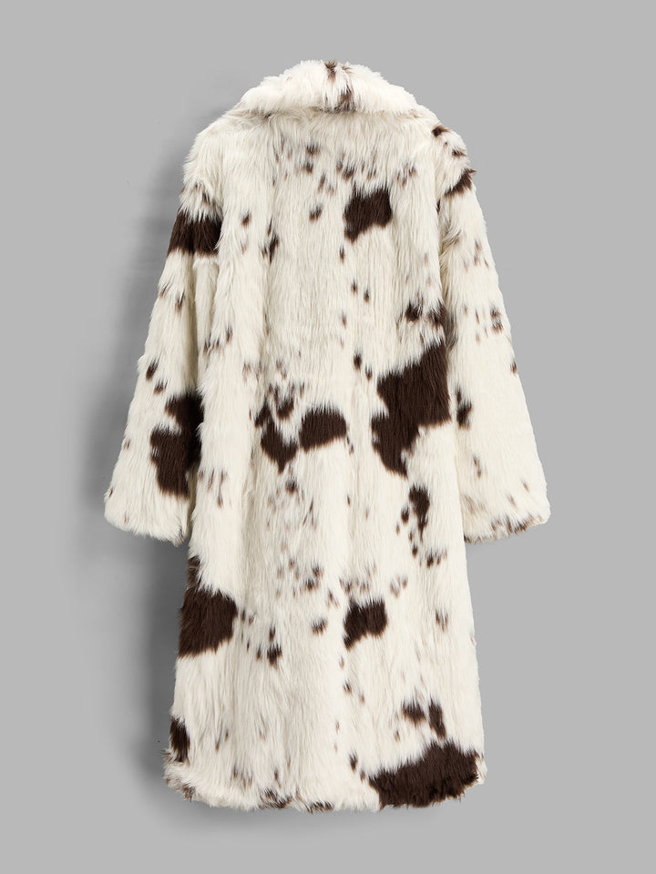 Cow‑Print Faux Fur Lapel Long Coat