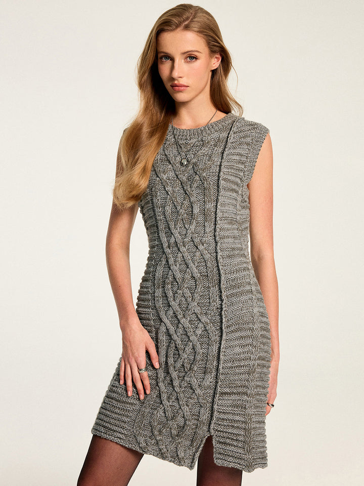 Wool Blend Sleeveless Cable Knit Dress