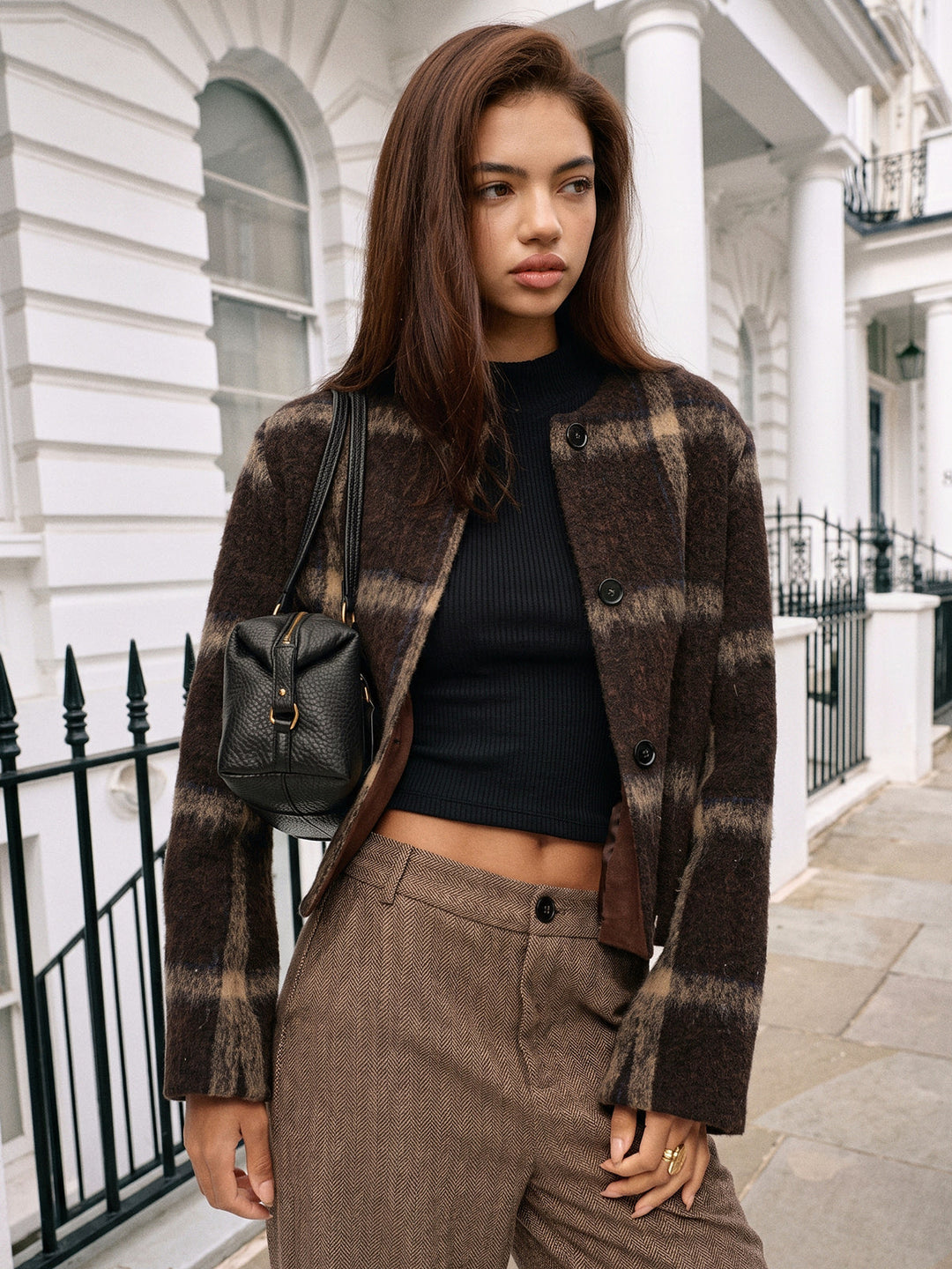 Plaid High Wool Blend Crop Jacket — women's wool coats, front view
