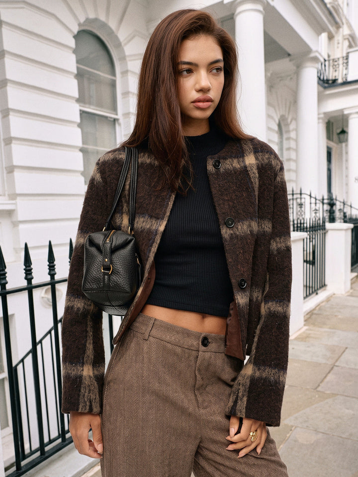 Plaid High Wool Blend Crop Jacket