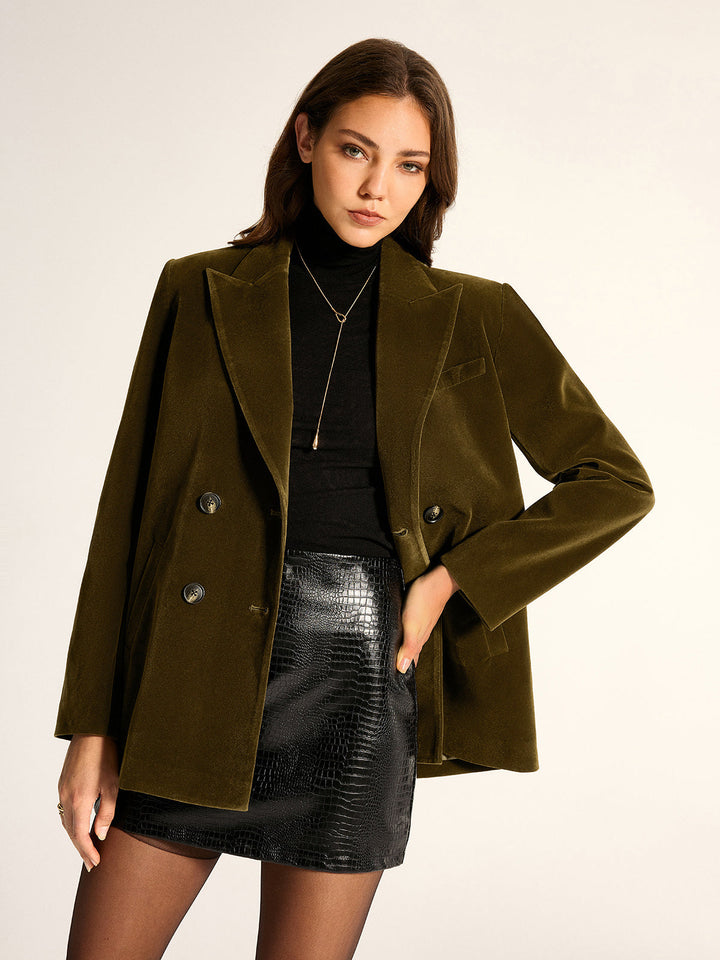 Loose Fit Double-Breasted Velvet Blazer - women's blazer, front view