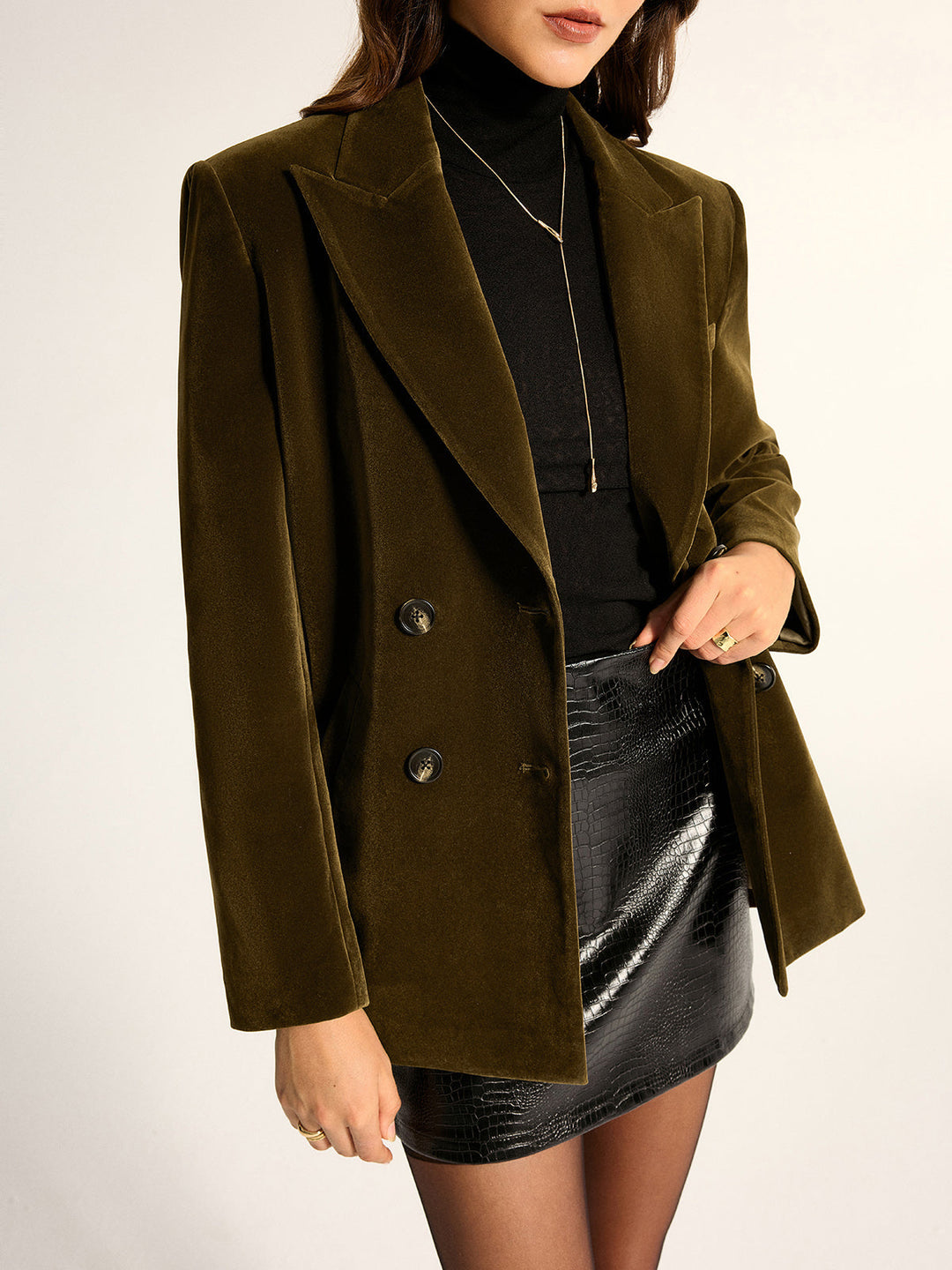 Loose Fit Double-Breasted Velvet Blazer - women's blazer, detail close-up