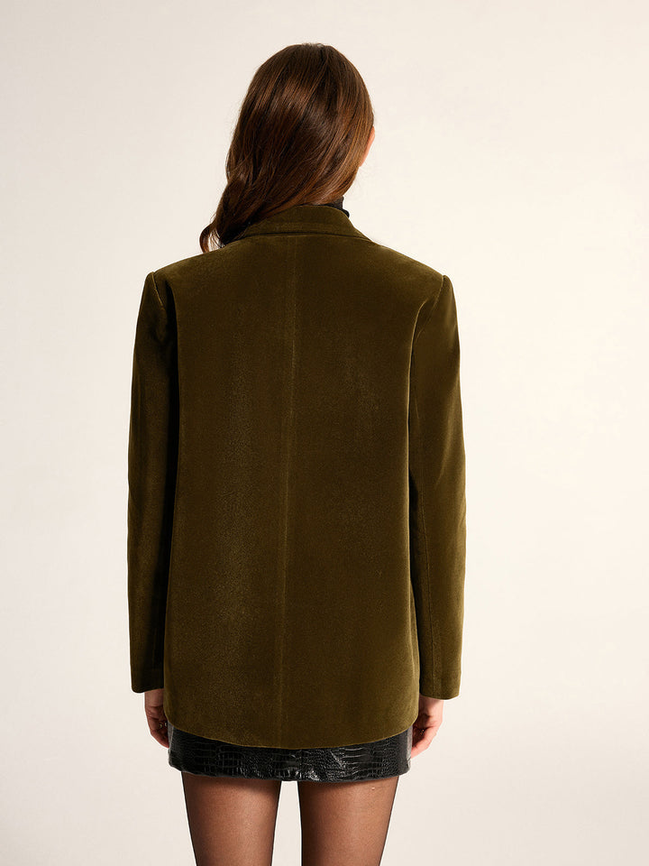 Loose Fit Double-Breasted Velvet Blazer - women's blazer, fabric detail