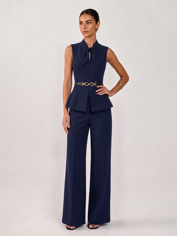 Bow Sleeveless Top & Wide Leg Pants Set - women's two-piece trouser set, waist detail