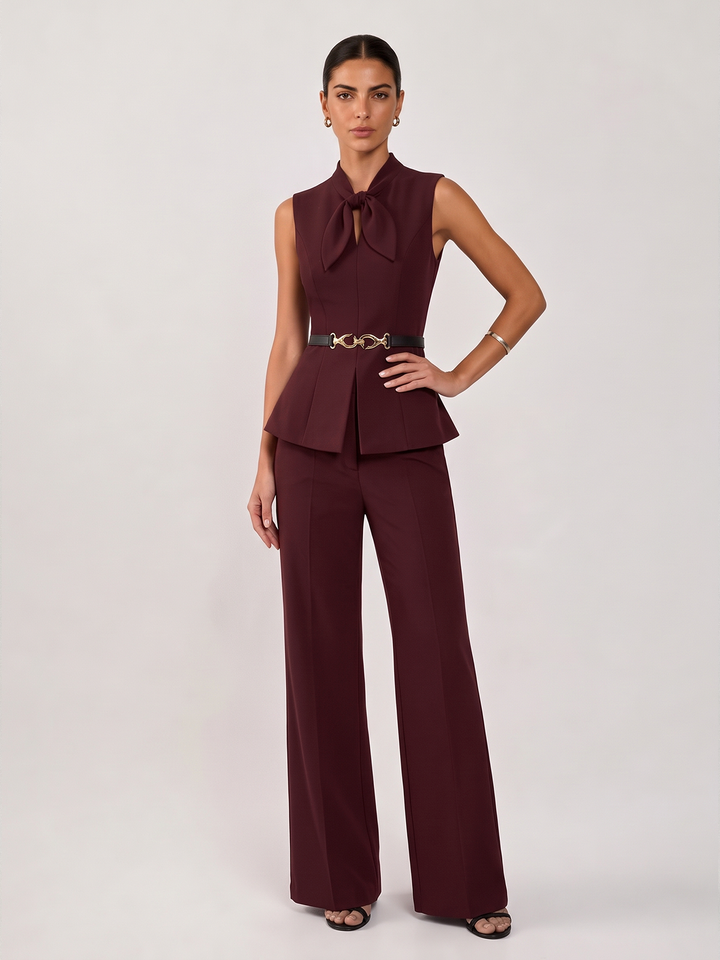 Bow Sleeveless Top & Wide Leg Pants Set - women's two-piece trouser set, model wearing it, three-quarter view