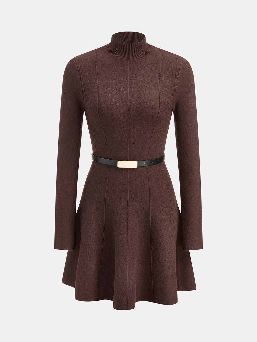 Mock Neck Belted Knit Flare Dress — women's sweater dresses, back view