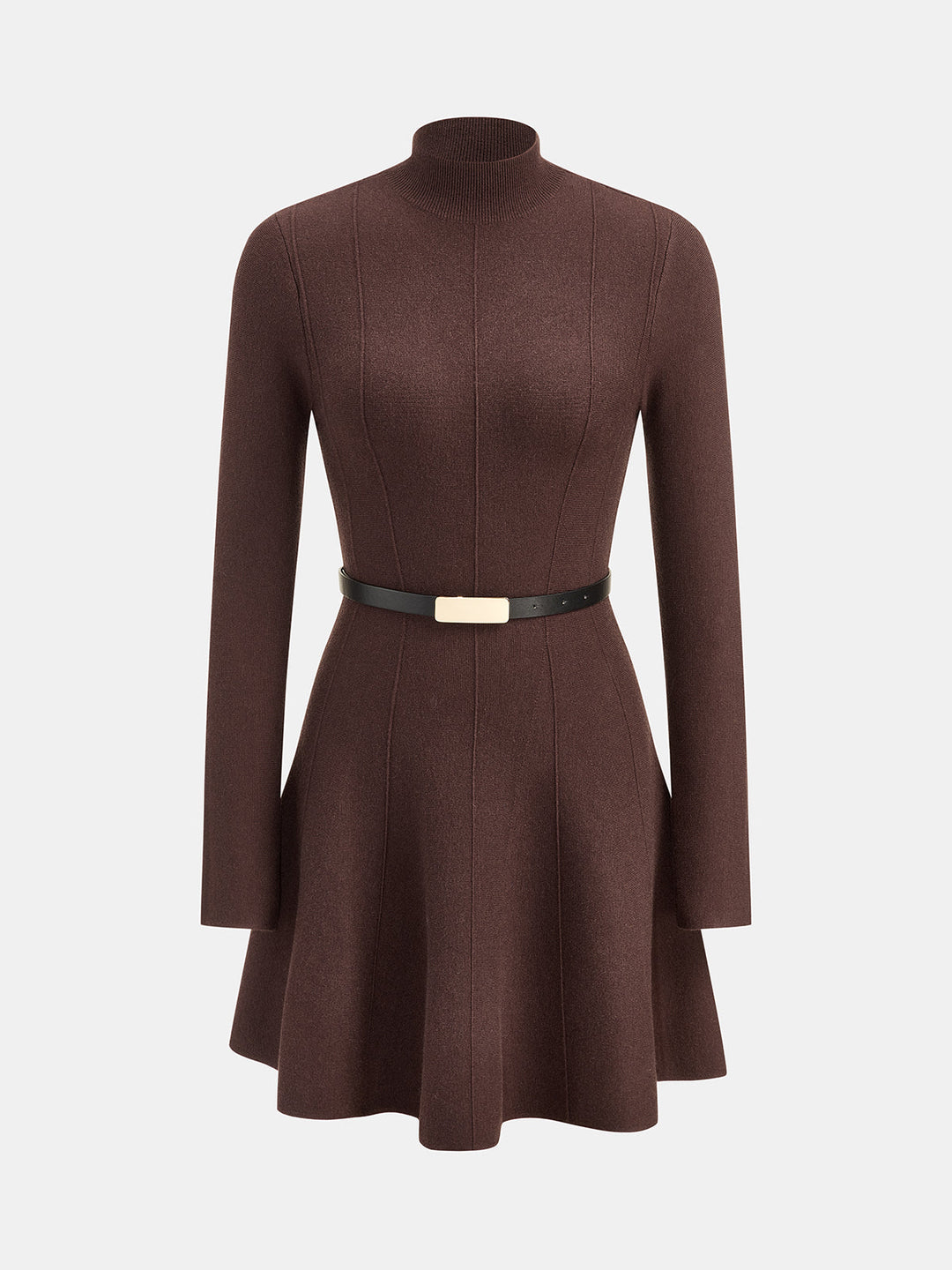 Mock Neck Belted Knit Flare Dress