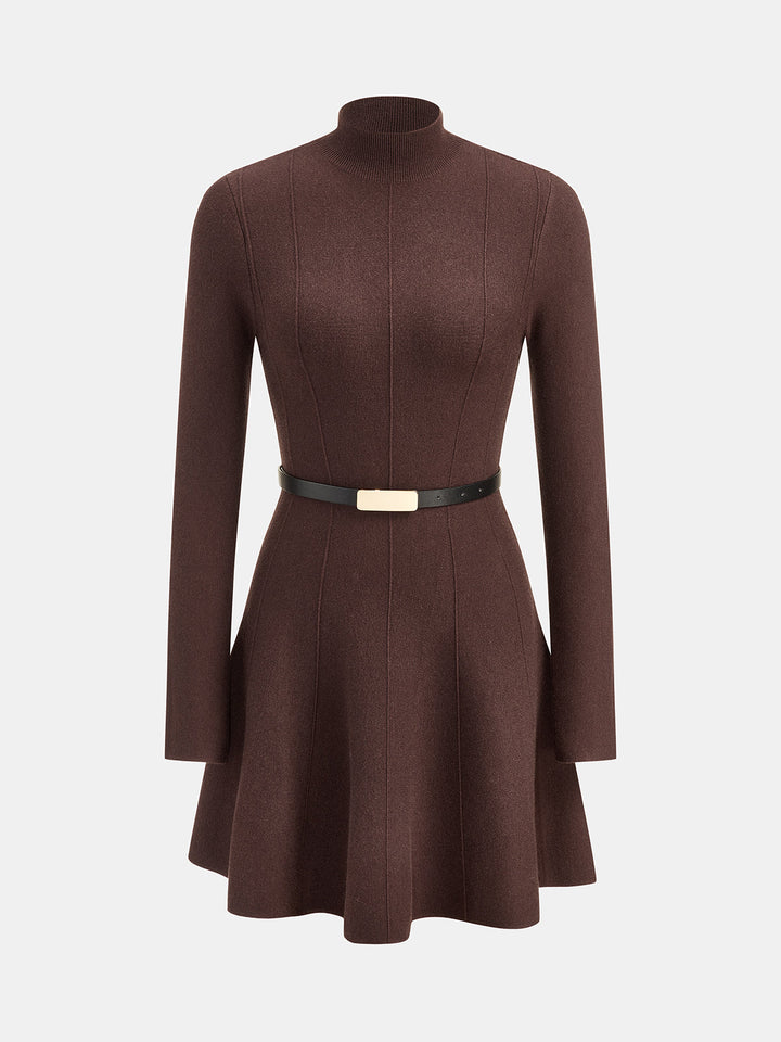 Mock Neck Belted Knit Flare Dress