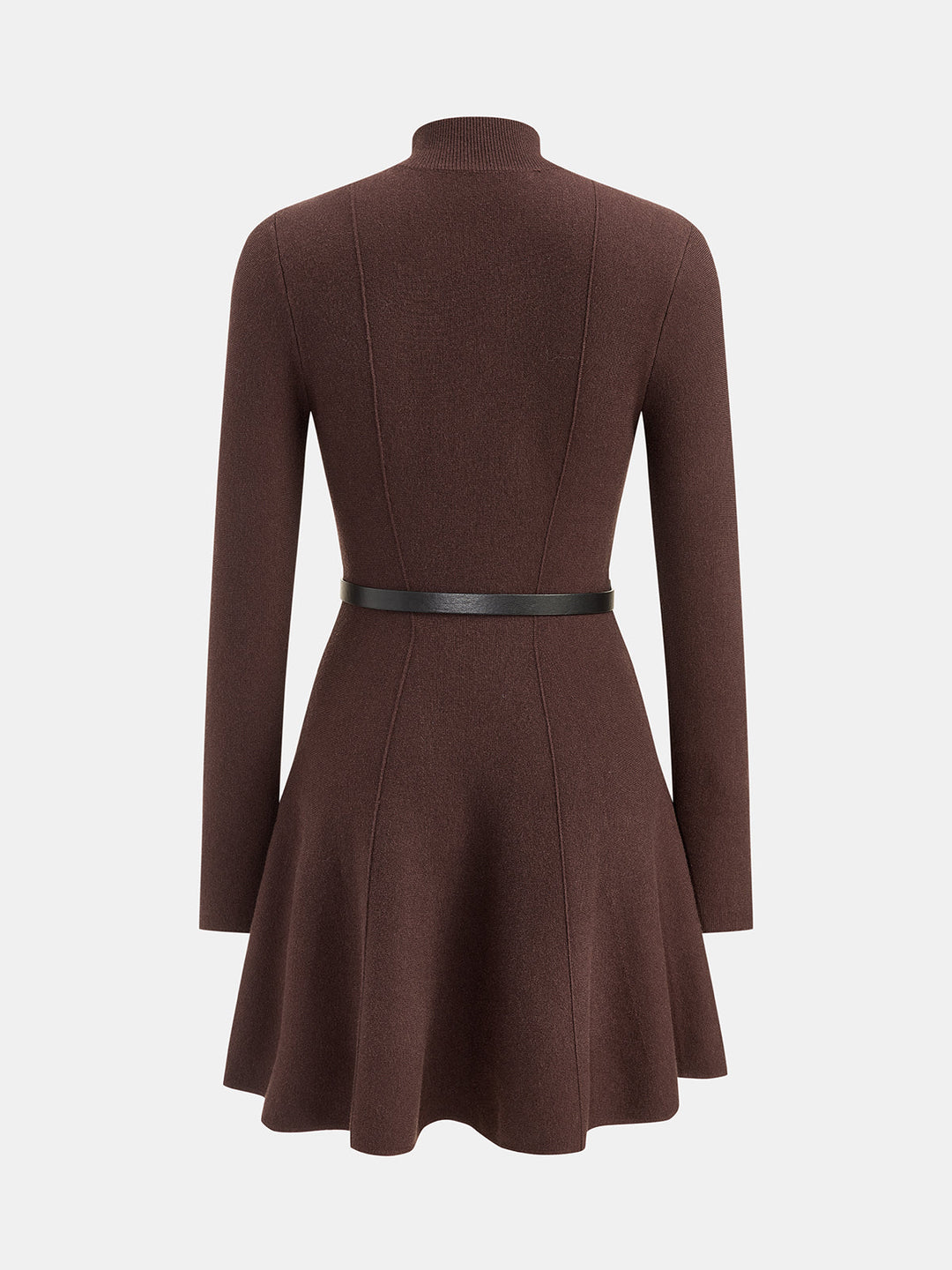 Mock Neck Belted Knit Flare Dress