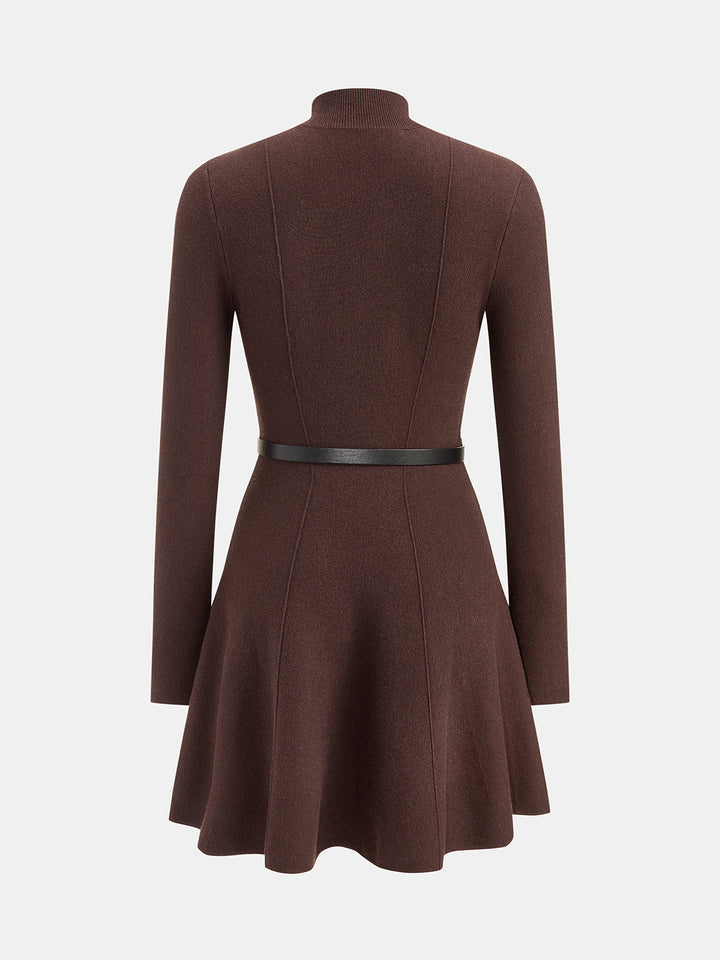 Mock Neck Belted Knit Flare Dress