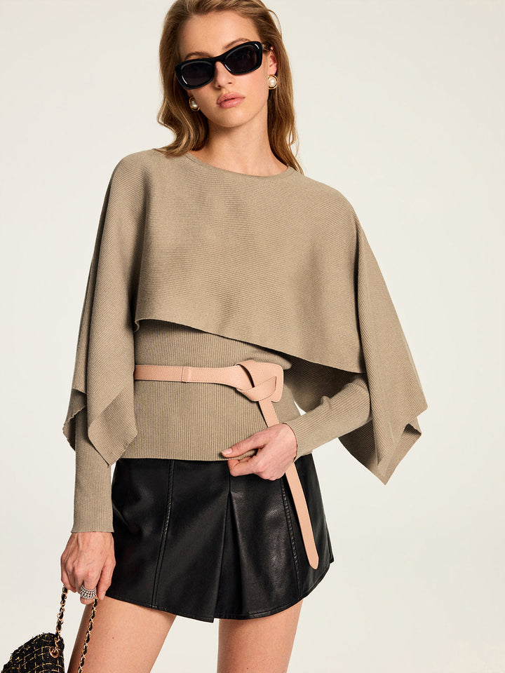 Knit Cape & Wool Blend Rib Top Two-Piece Set - women's knit two-piece set, side view