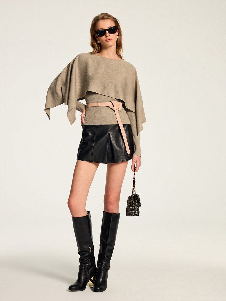 Knit Cape & Wool Blend Rib Top Two-Piece Set - women's knit two-piece set, fabric detail