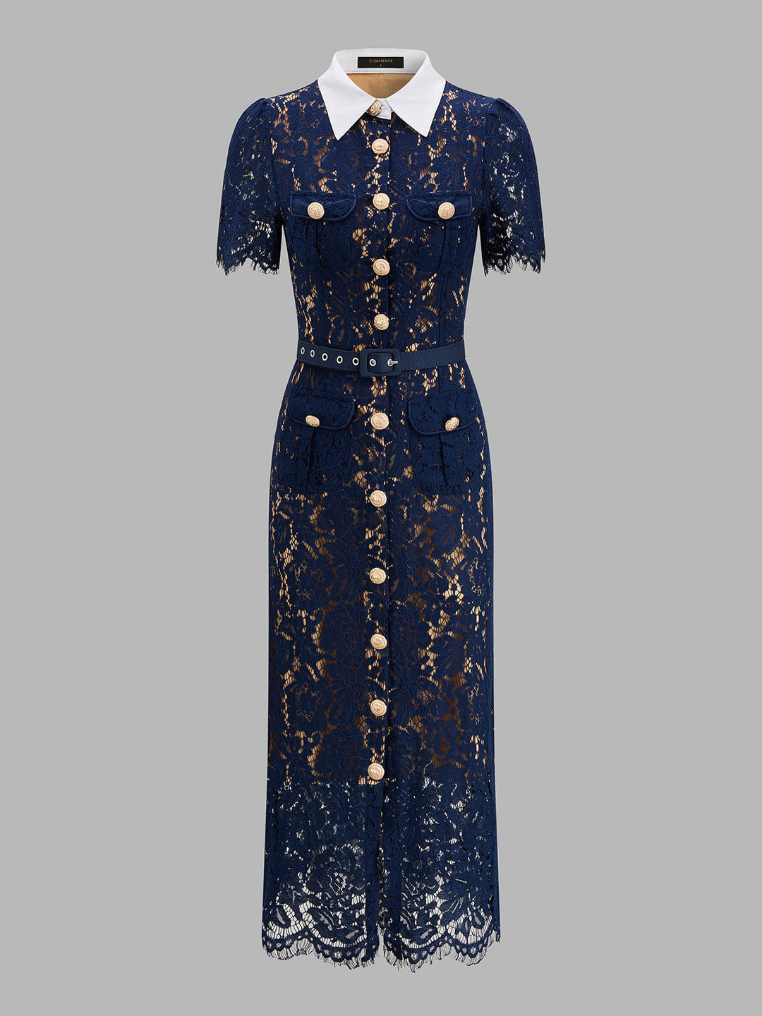 Contrast Collar Belted Lace Maxi Dress — women's dresses, front view