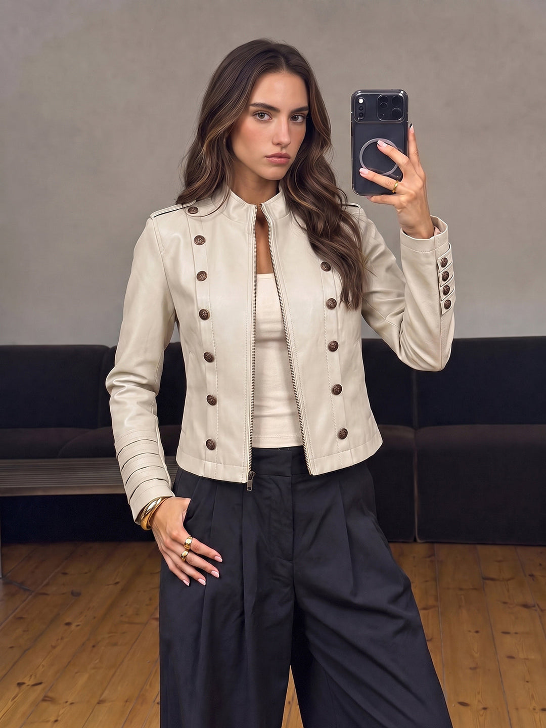 Napoleon‑Style Faux Leather Jacket