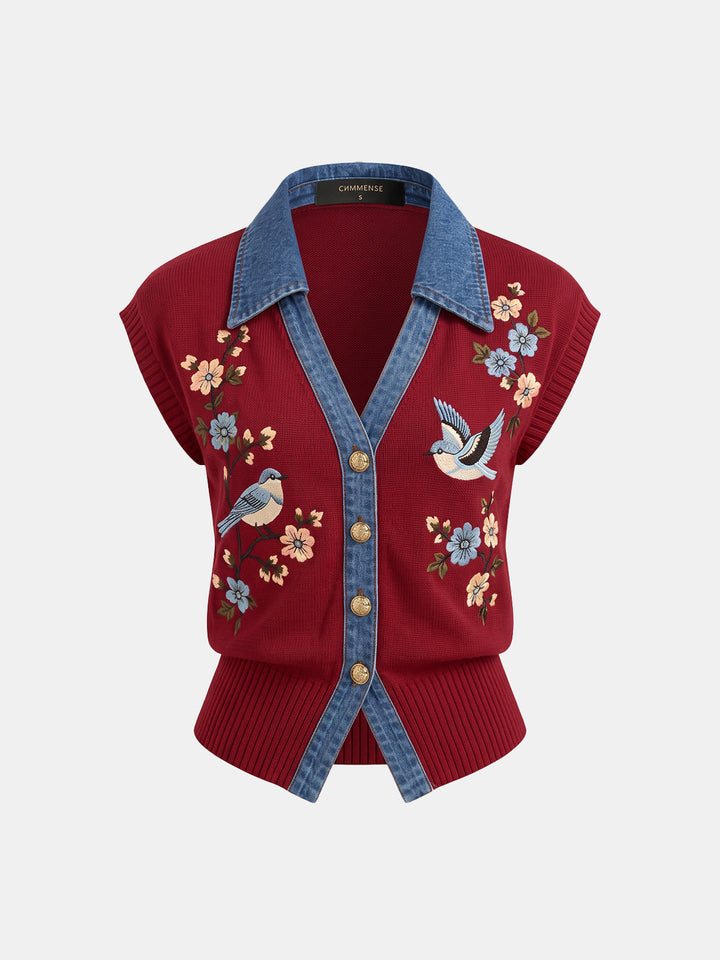 Bird Floral Denim Collar Knit Vest