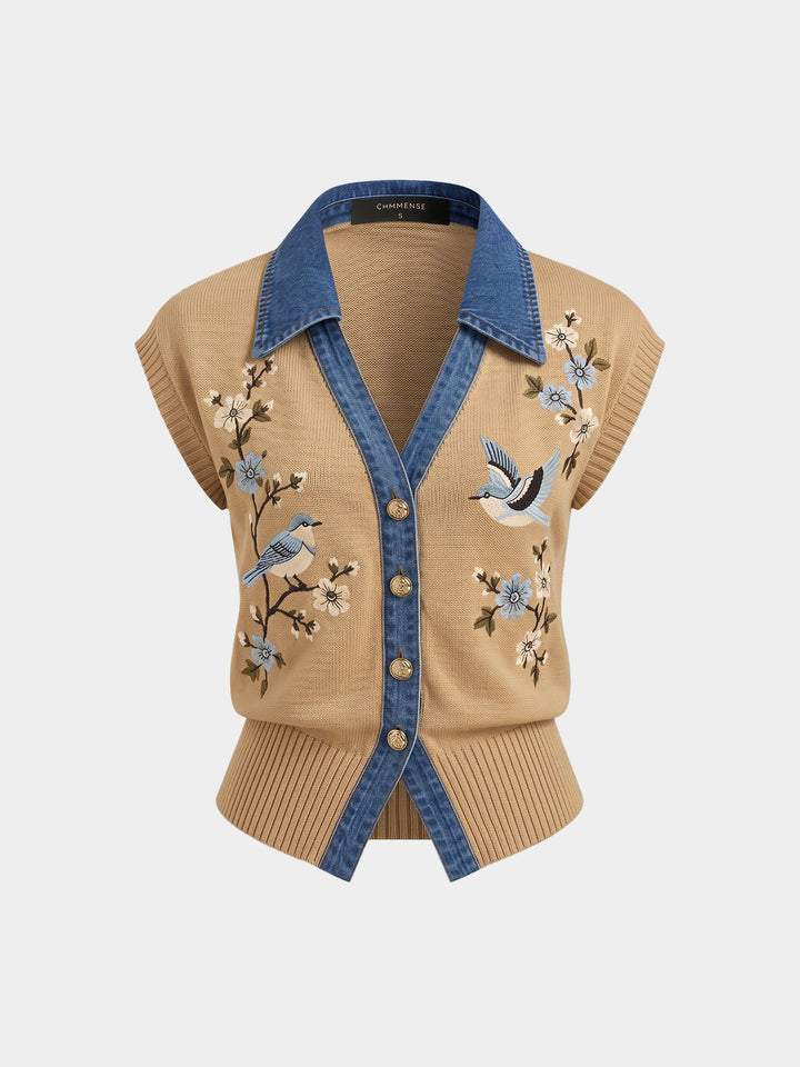 Bird Floral Denim Collar Knit Vest