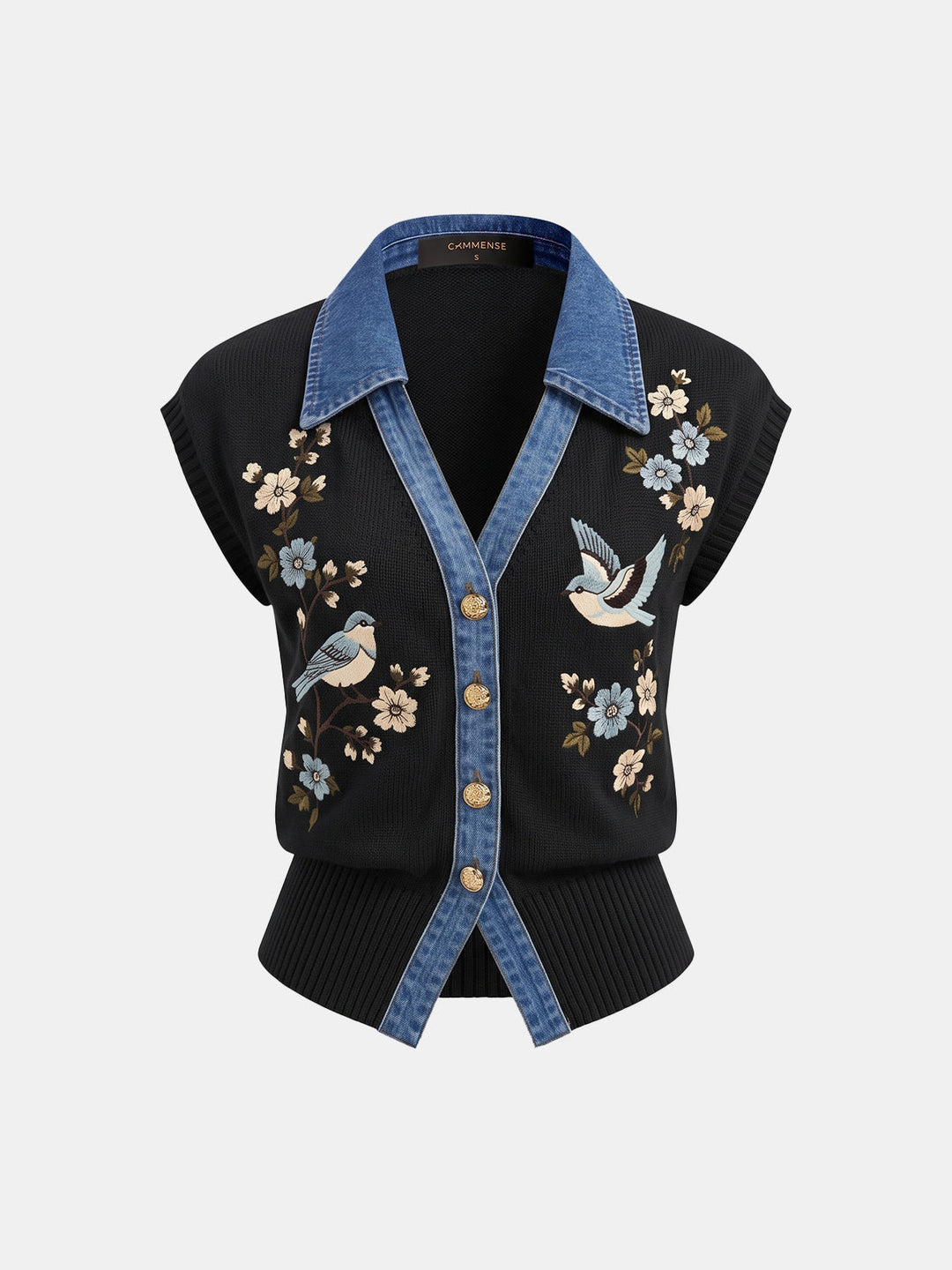 Bird Floral Denim Collar Knit Vest