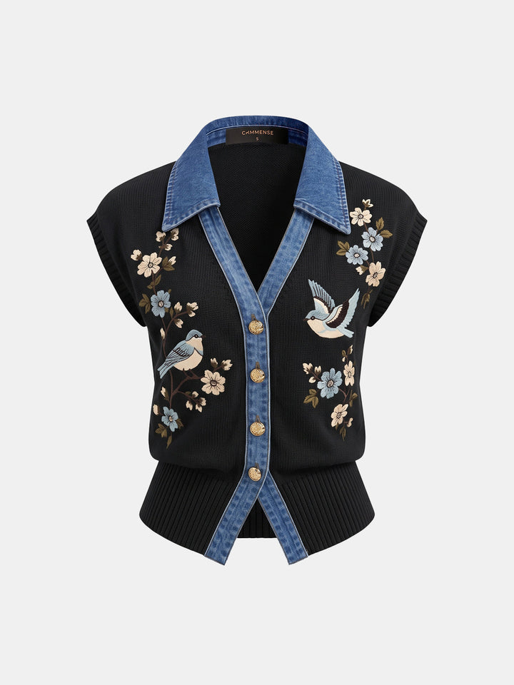 Bird Floral Denim Collar Knit Vest