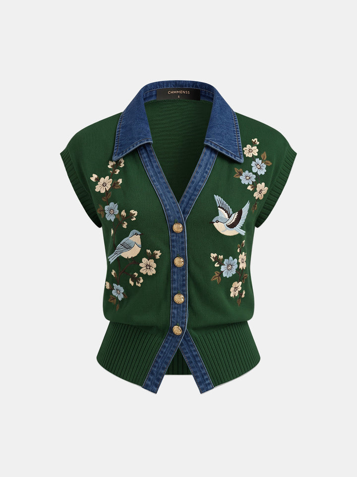 Bird Floral Denim Collar Knit Vest