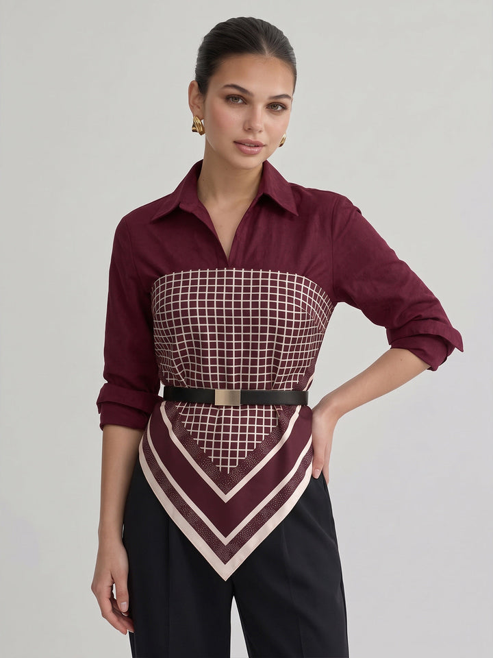 Patchwork Scarf-Hem Belted Shirt - women's shirt, styled with heels