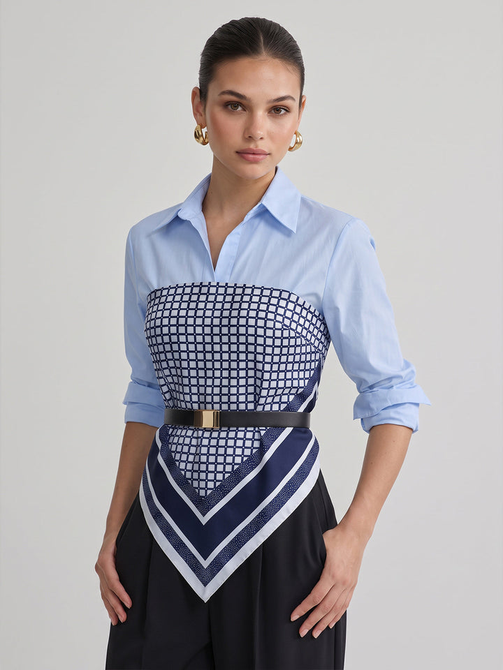 Patchwork Scarf-Hem Belted Shirt - women's shirt, waist detail