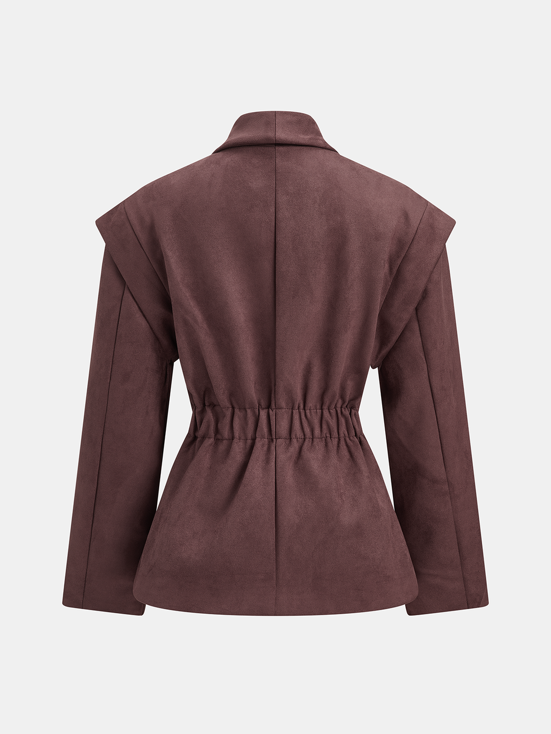 Back view of the plum suede effect blazer showing the elasticated cinched waist