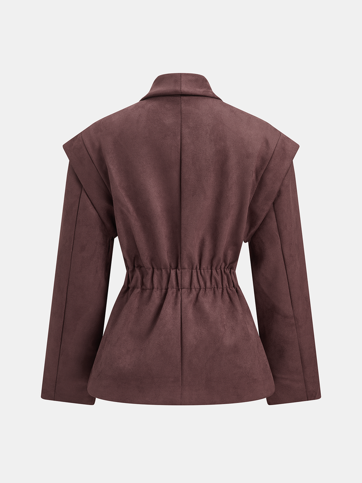 Back view of the plum suede effect blazer showing the elasticated cinched waist