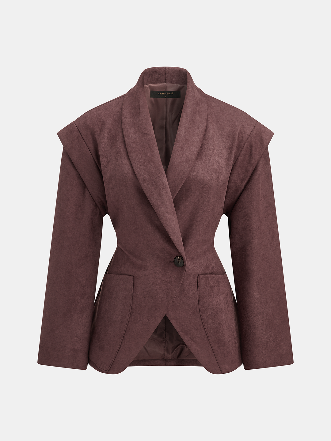 Burgundy faux suede fitted blazer with shawl lapel and single button, front view