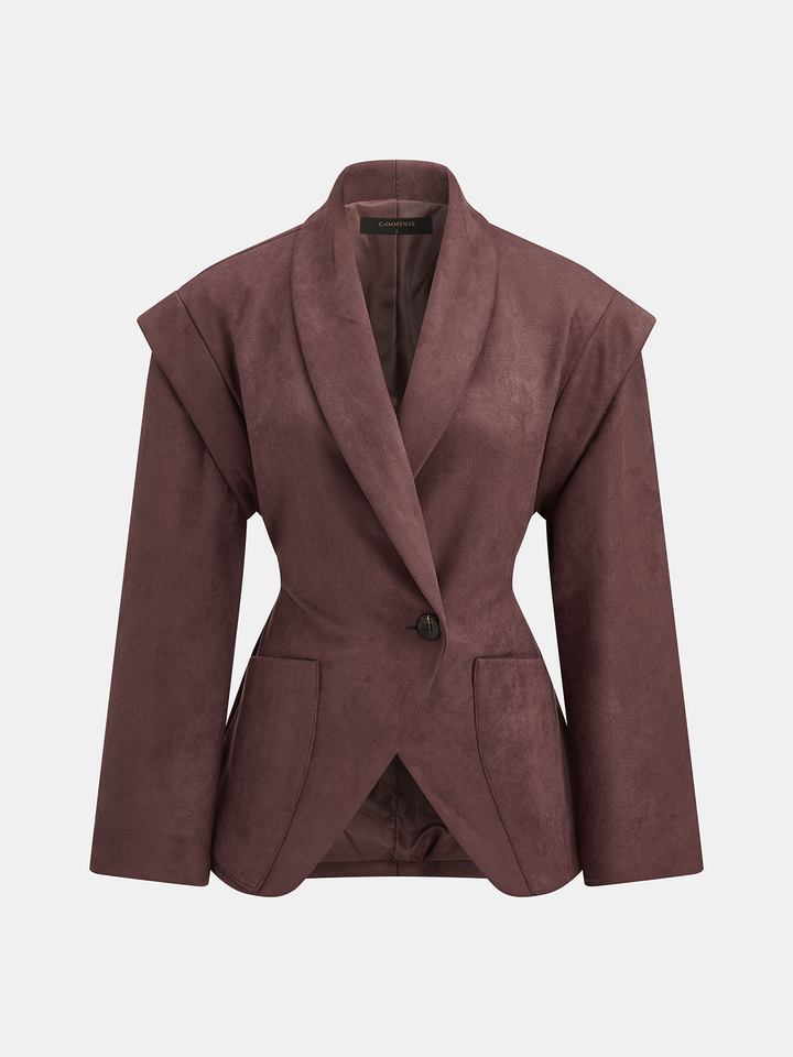 Burgundy faux suede fitted blazer with shawl lapel and single button, front view