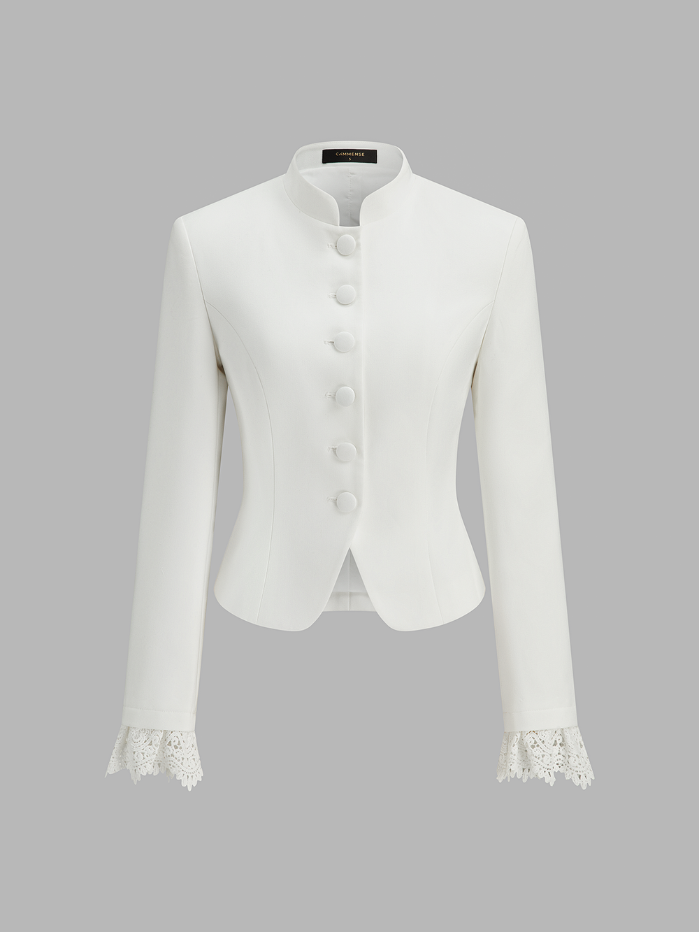 Lace Cuff Stand Collar Fitted Jacket — women's blazers, back view