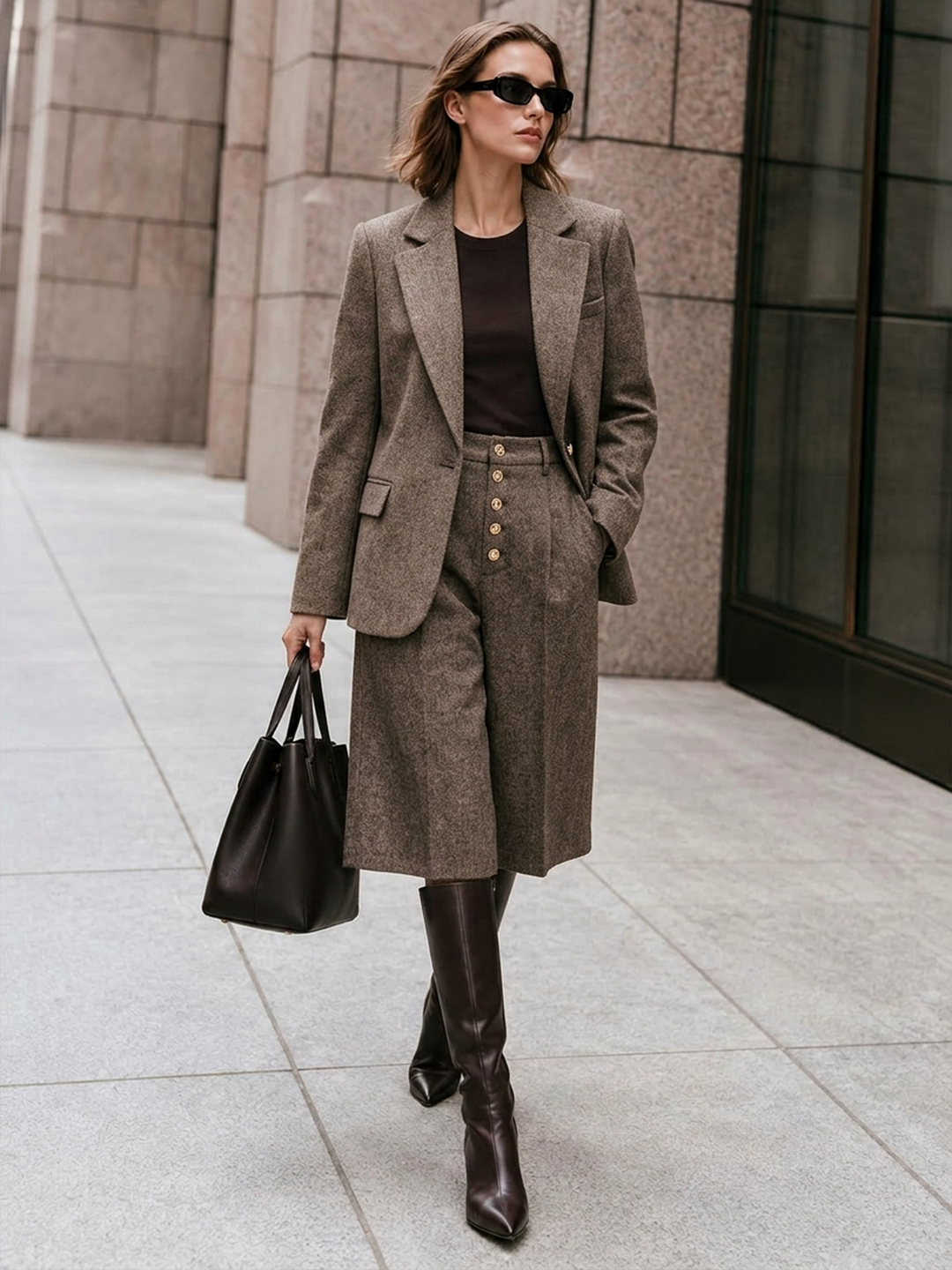 Herringbone Single Button Wool Blend Blazer - women's blazer, front view