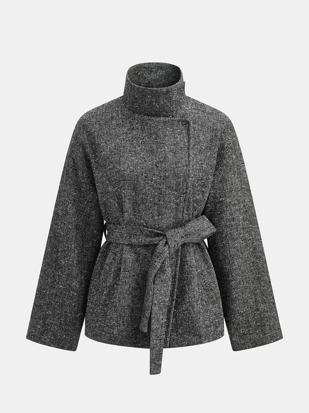 Belted Speckled Tweed Coat — women's wool coats, back view