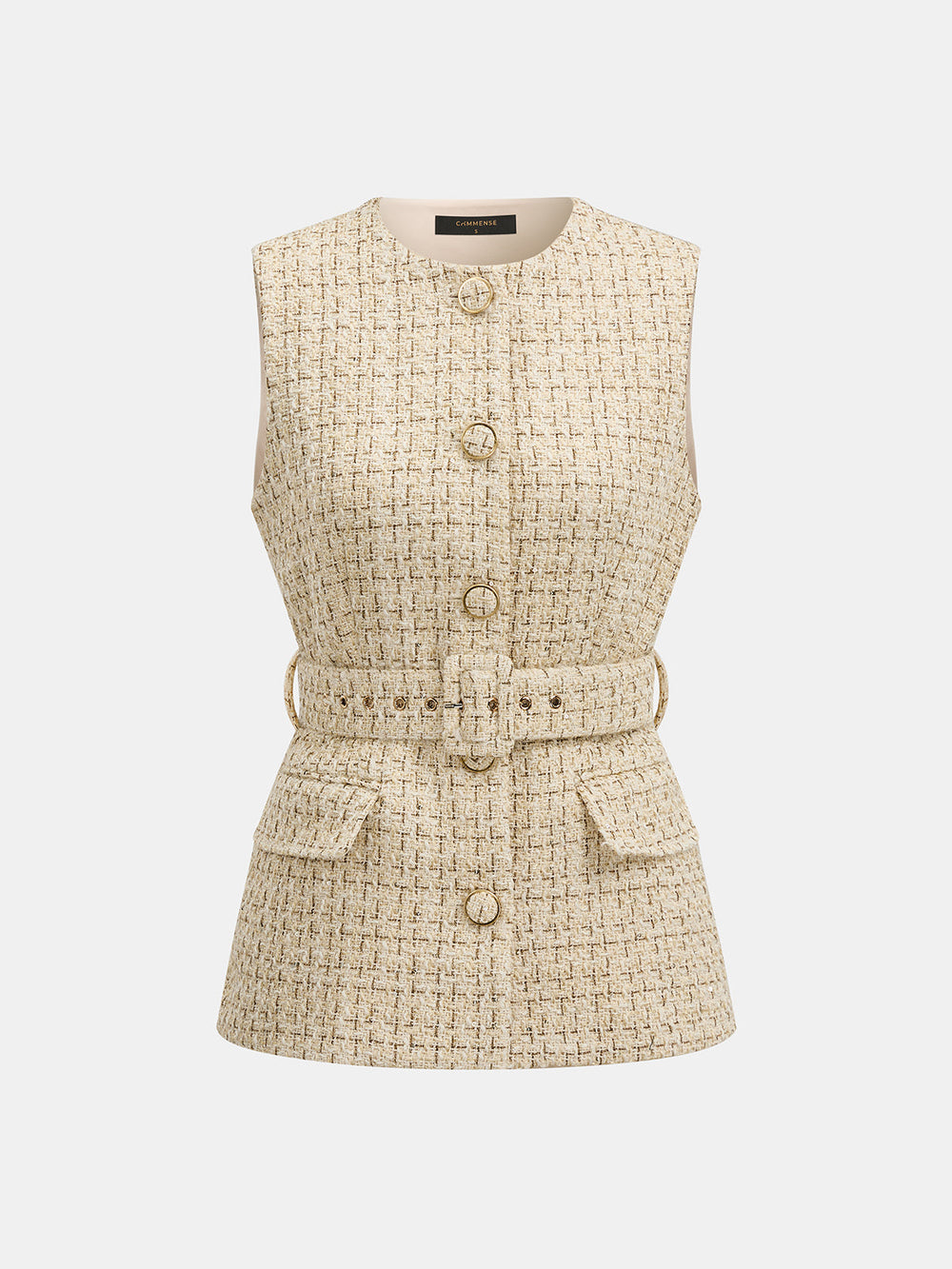 Belted Wool Blend Tweed Sleeveless Vest — women's vests, back view